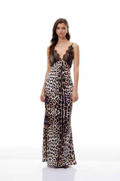 Marta Brown Lace Panel Leopard Satin Maxi Dress