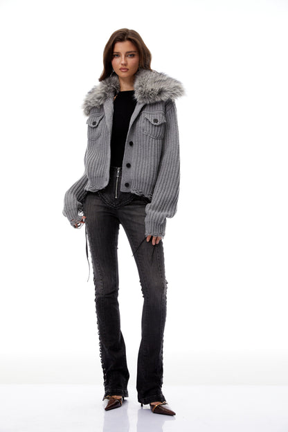 Wren Grey Fur Lapel Ribbed Knit Jacket