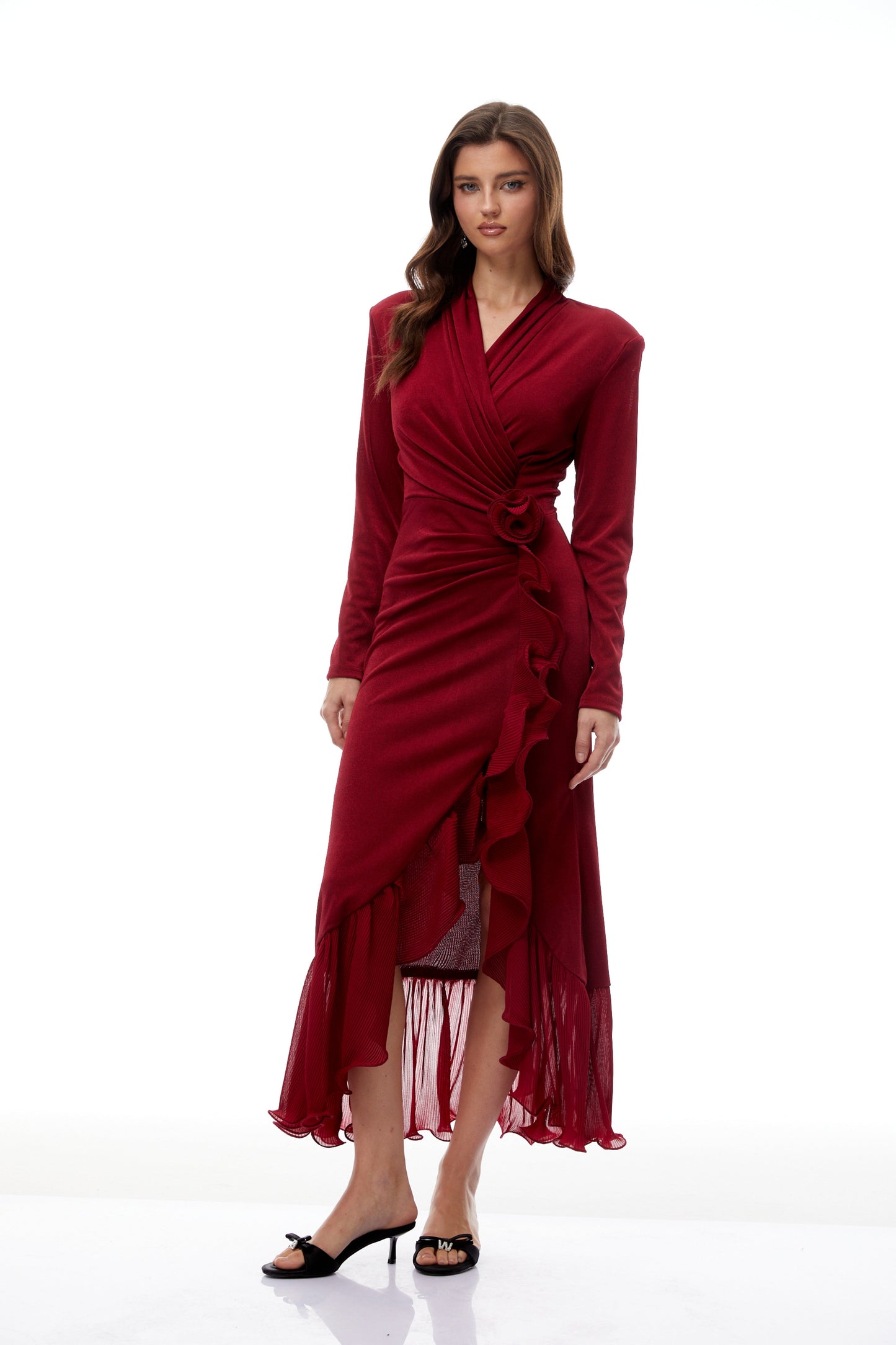 Synne Red Ruffled Gathered Knit Midi Dress