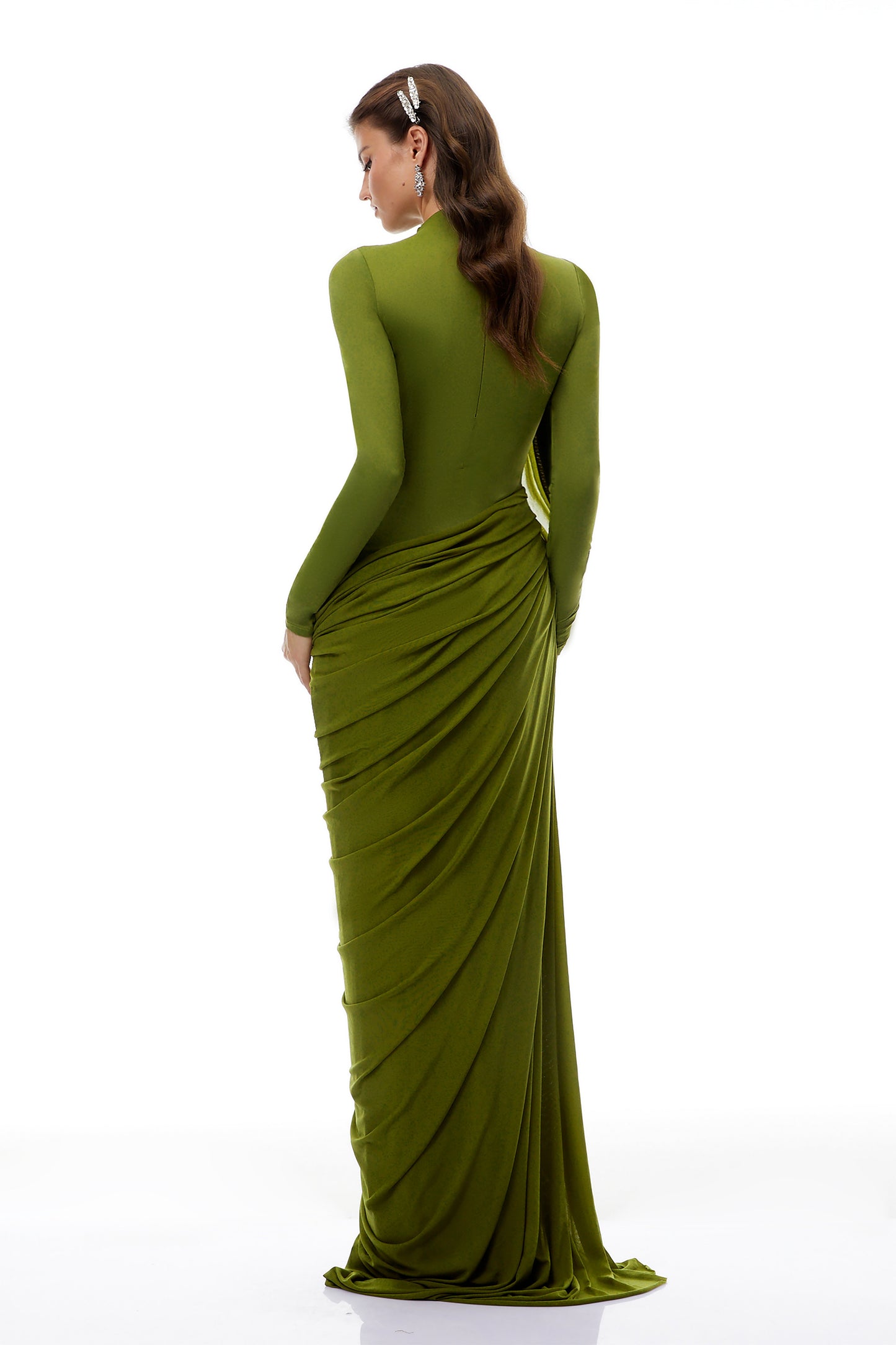 Arlette Green Asymmetrical Ruched Maxi Dress