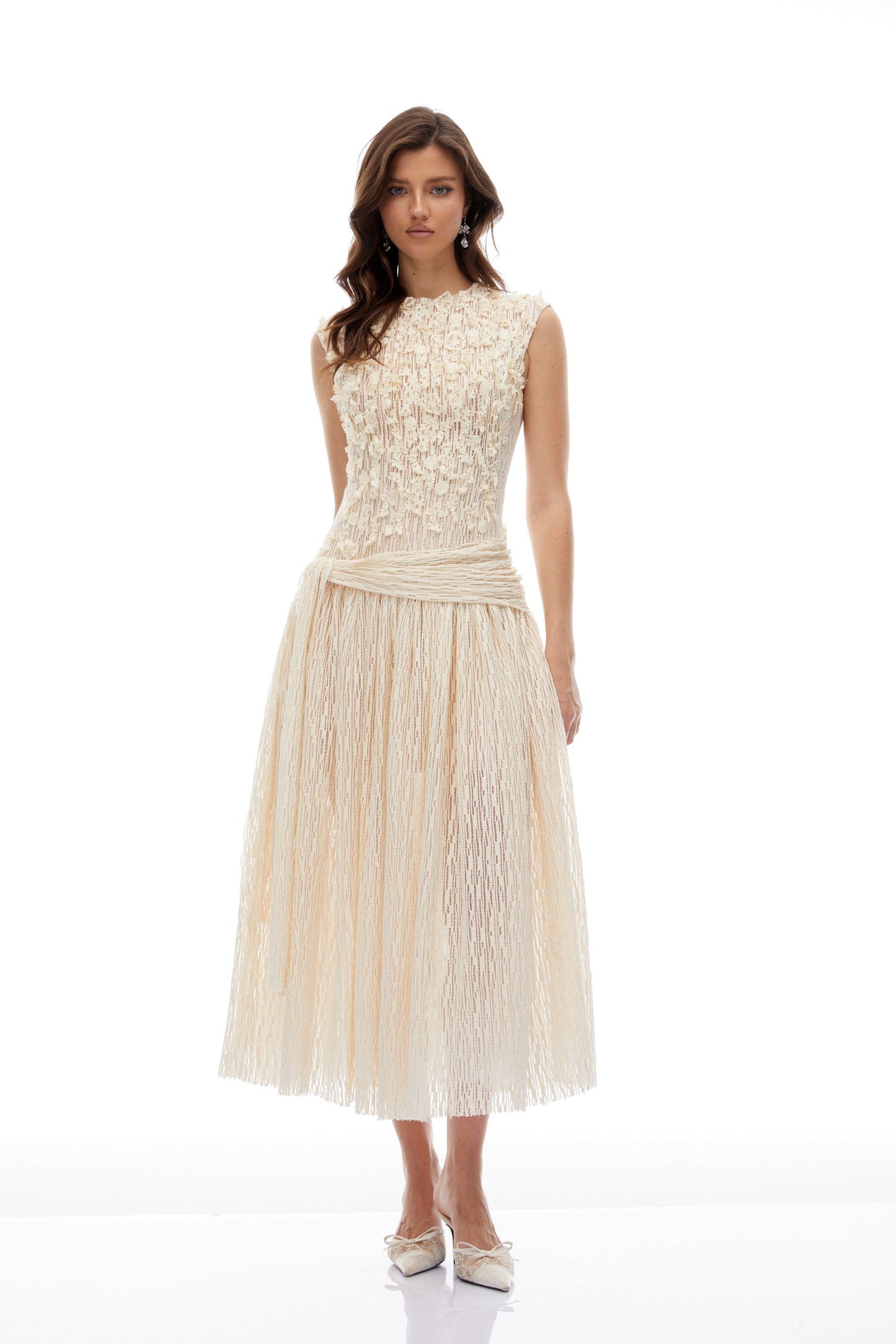 Cynthia Neutrals 3D Petal Dokulu Midi Elbise