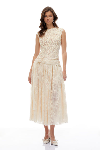 Cynthia Neutrals 3D Petal Dokulu Midi Elbise