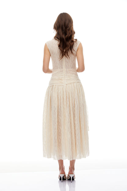Cynthia Neutrals 3D Petal Dokulu Midi Elbise