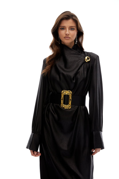 Frederica Black Belted Textured Leather Coat