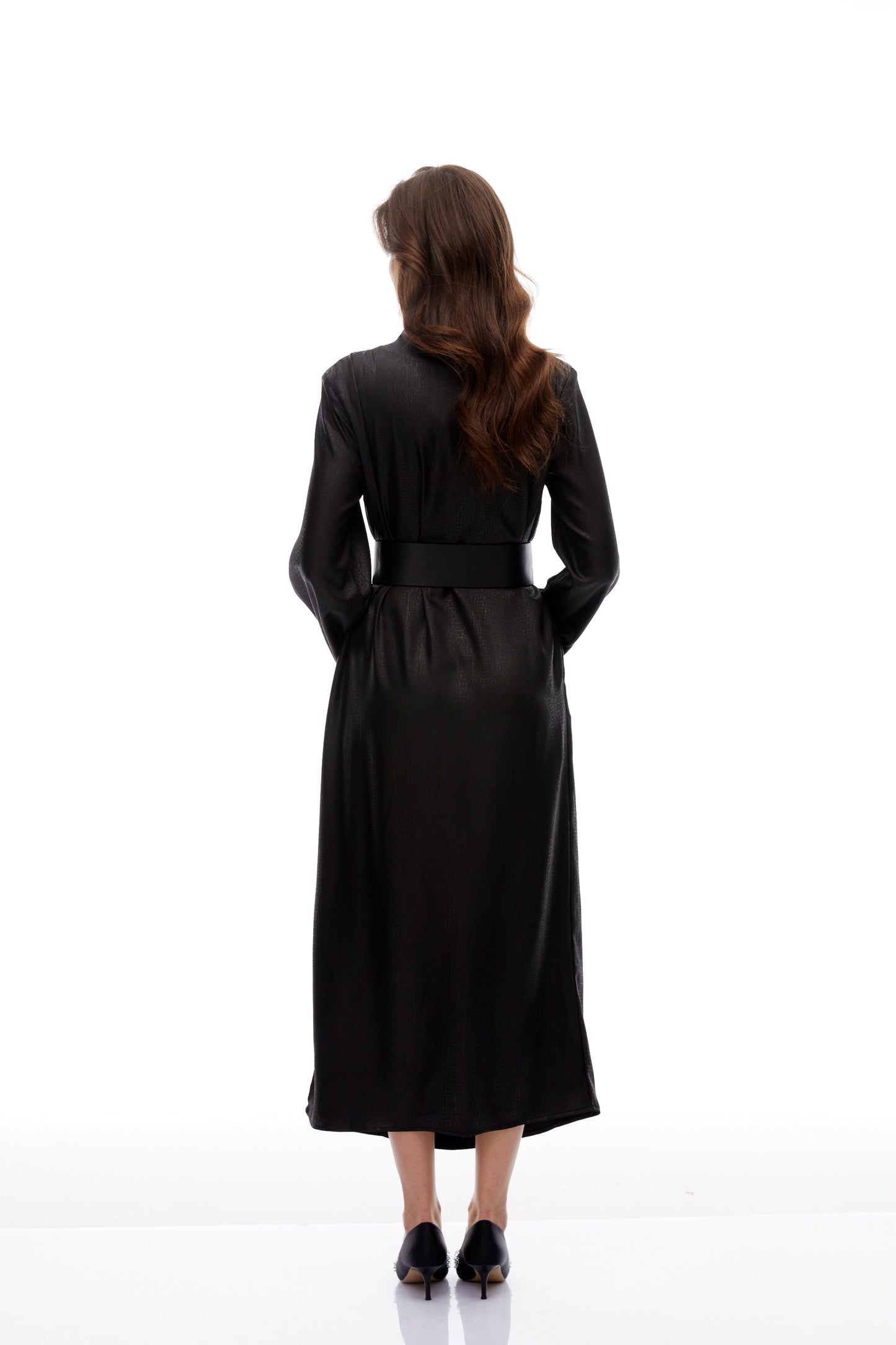 Frederica Black Belted Textured Leather Coat