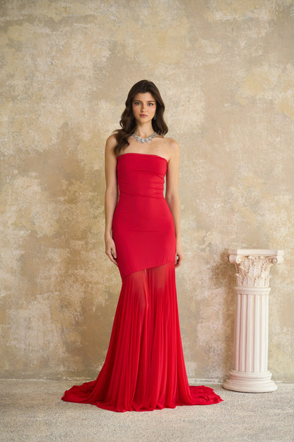 Josiane Red Off-shoulder Sheer Tulle Maxi Dress