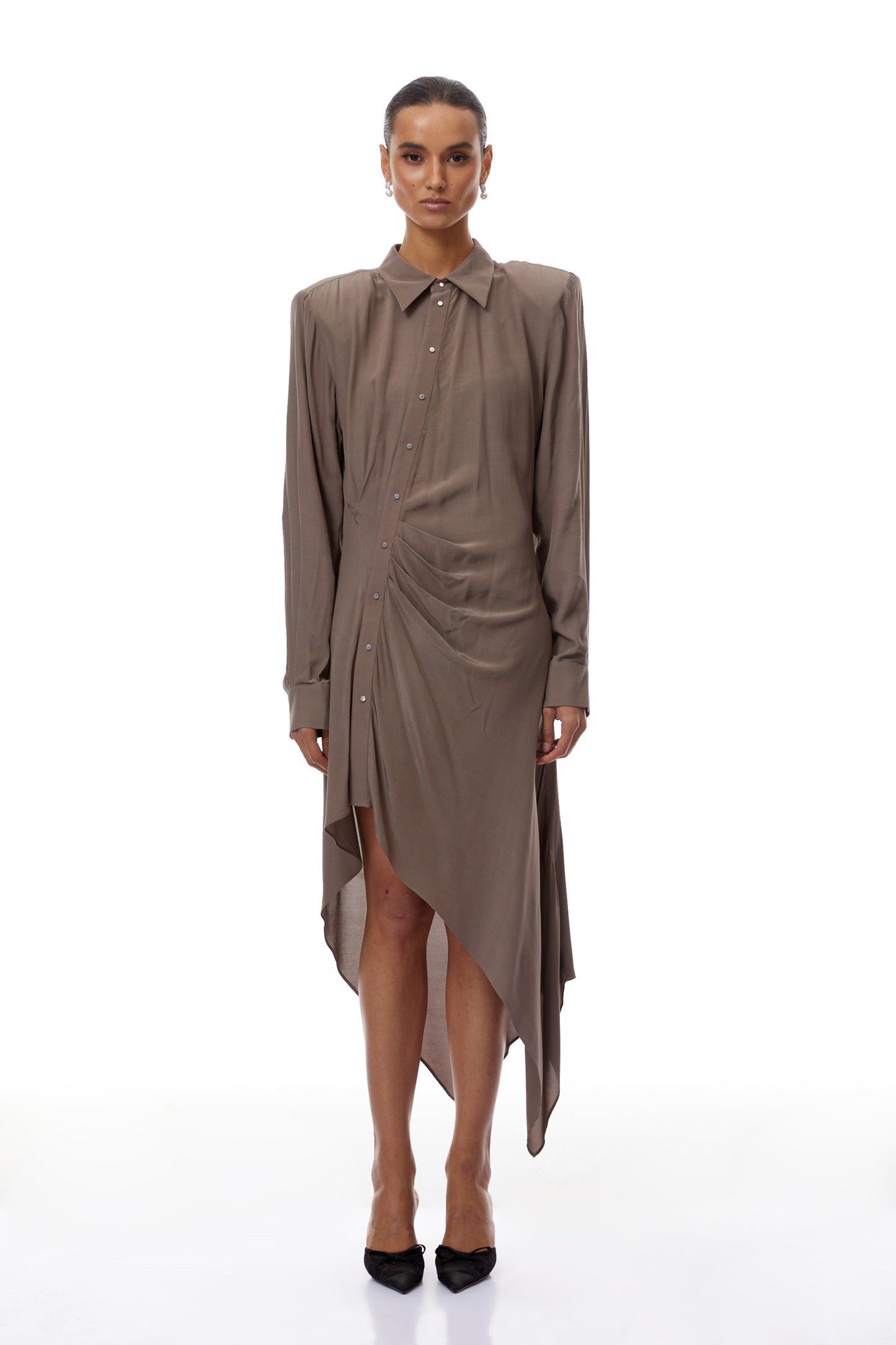 Roberta Brown Ruched Asymmetrical Midi Dress