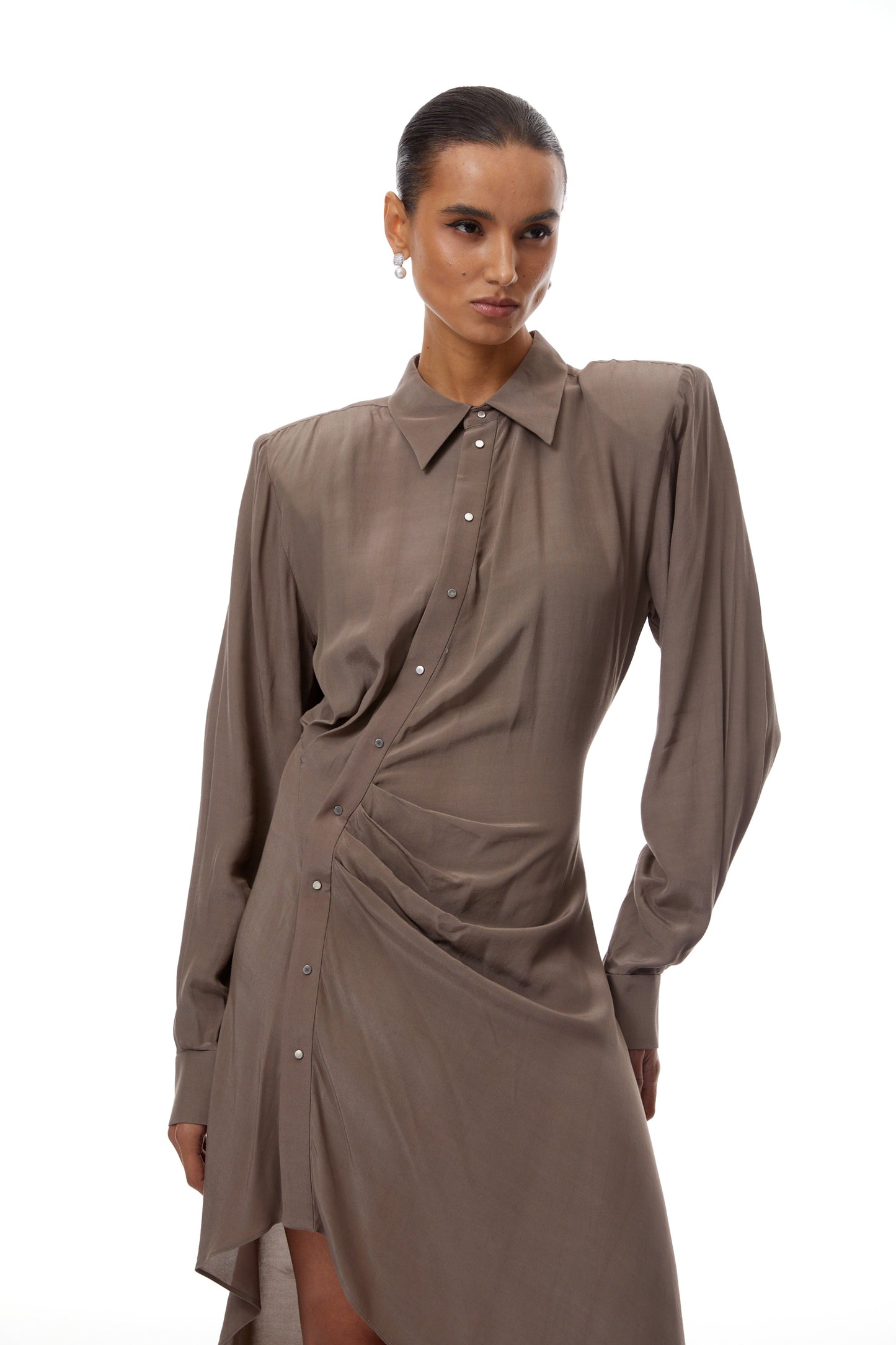 Roberta Brown Ruched Asymmetrical Midi Dress
