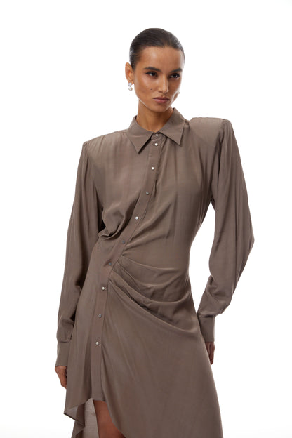 Roberta Brown Ruched Asymmetrical Midi Dress