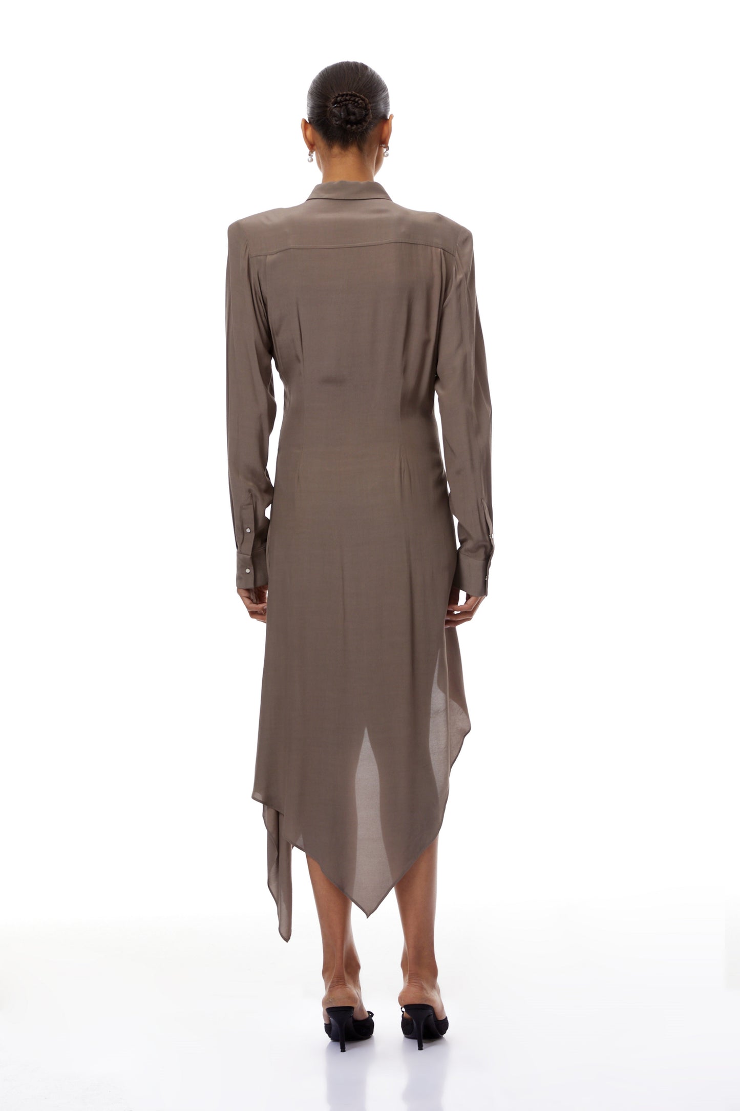 Roberta Brown Ruched Asymmetrical Midi Dress