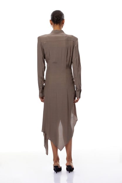 Roberta Brown Ruched Asymmetrical Midi Dress
