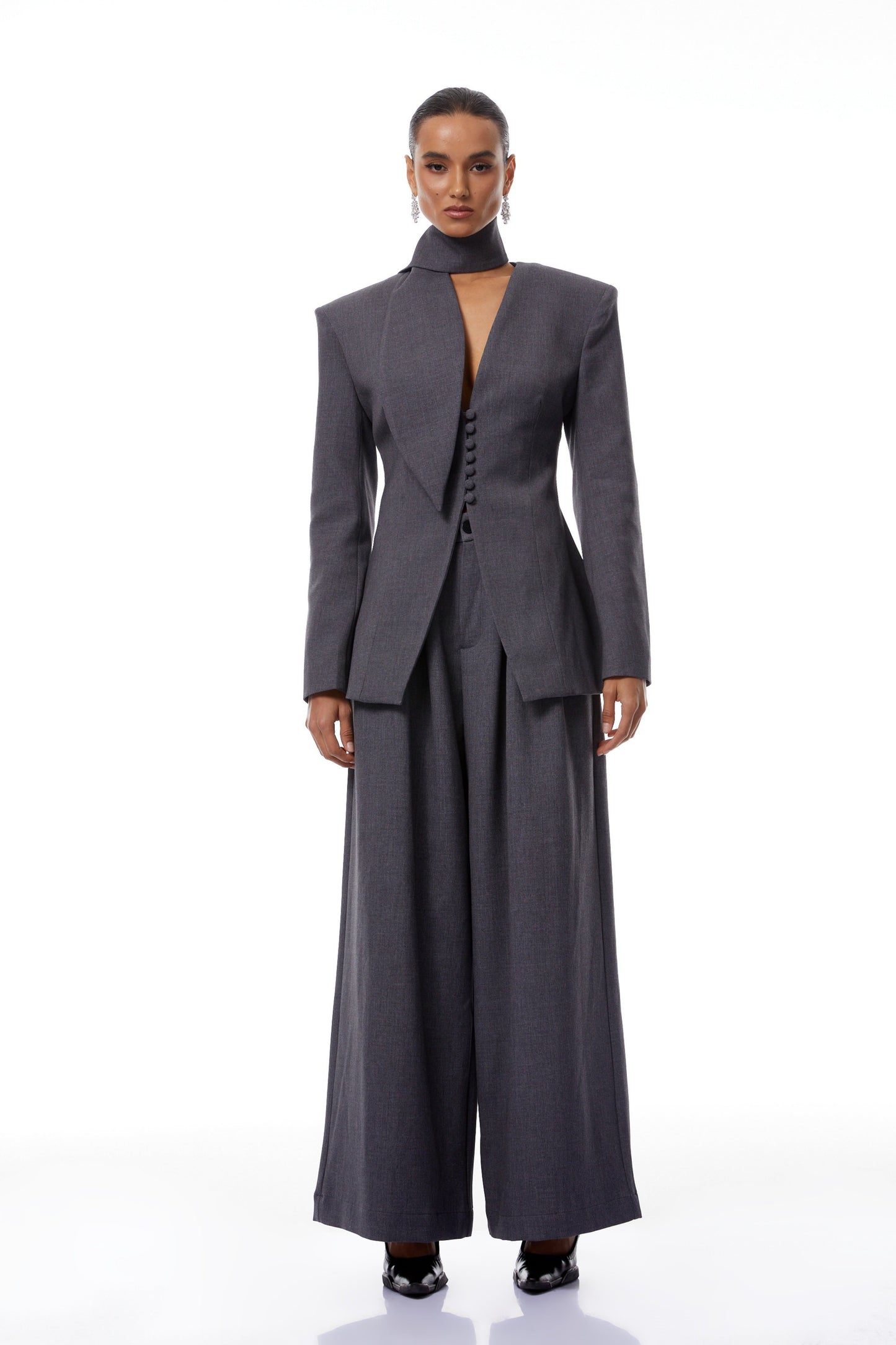 Neve Grey V-Neck Tailored Blazer