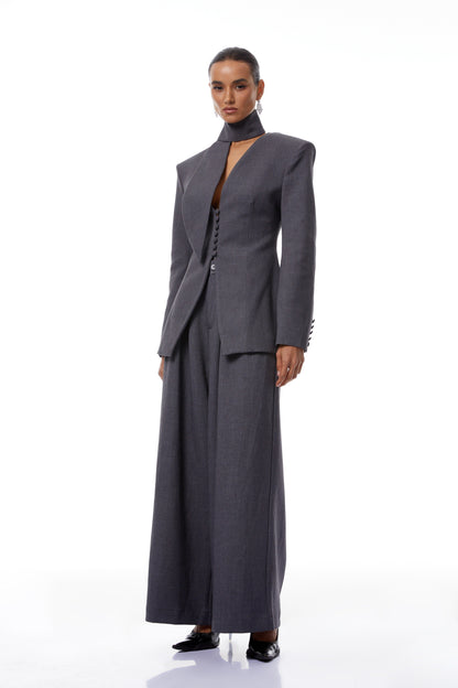 Neve Grey V-Neck Tailored Blazer