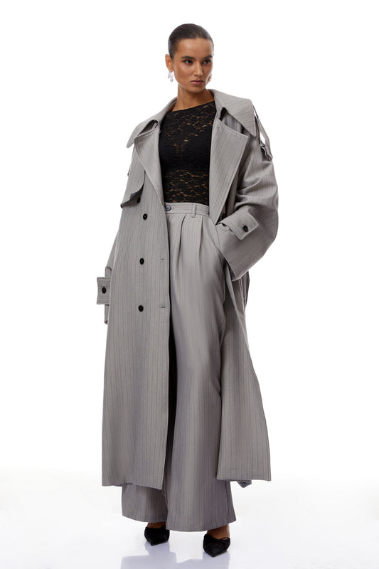 Clémence Grey Striped Trench Coat & Trousers Set