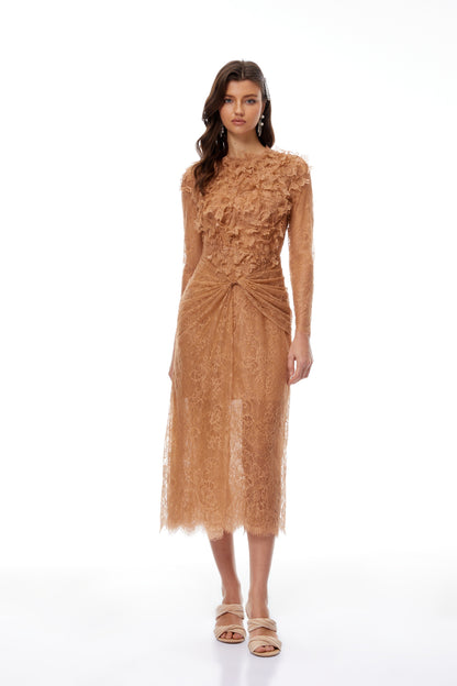 Hadley Caramel Twisted Floral Lace Midi Dress