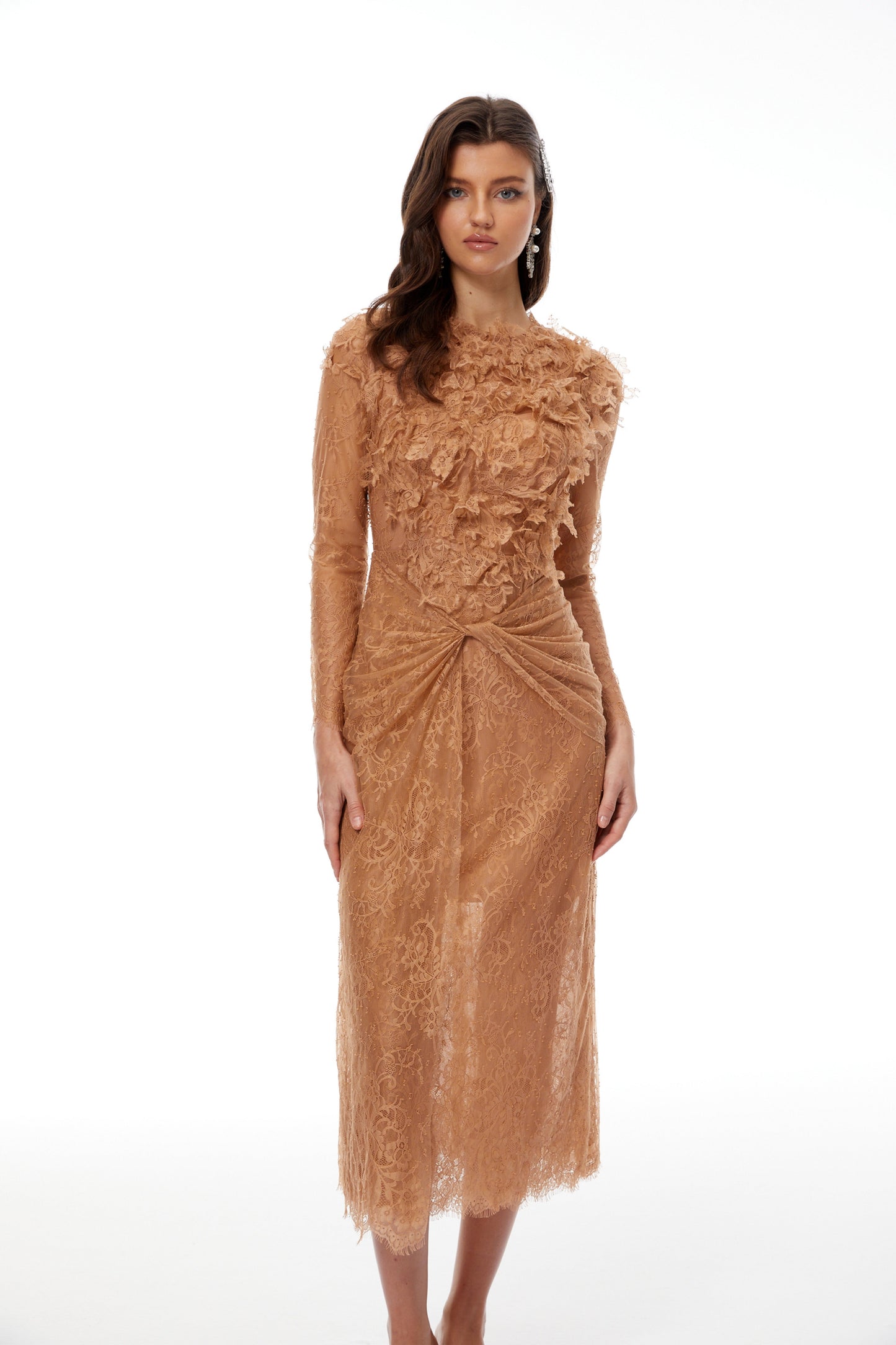 Hadley Caramel Twisted Floral Lace Midi Dress