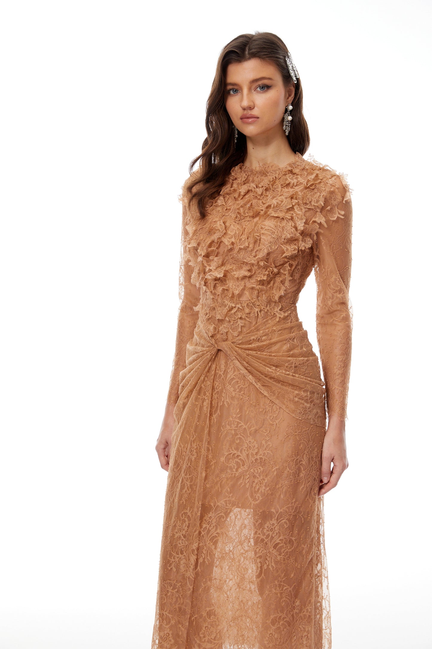 Hadley Caramel Twisted Floral Lace Midi Dress