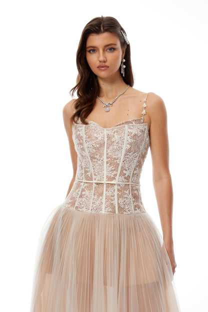 Mira Neutrals Lace Panel Tulle Midi Dress