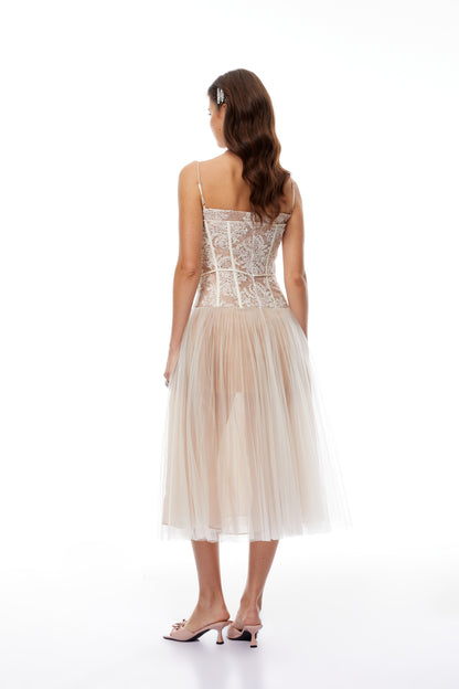 Mira Neutrals Lace Panel Tulle Midi Dress