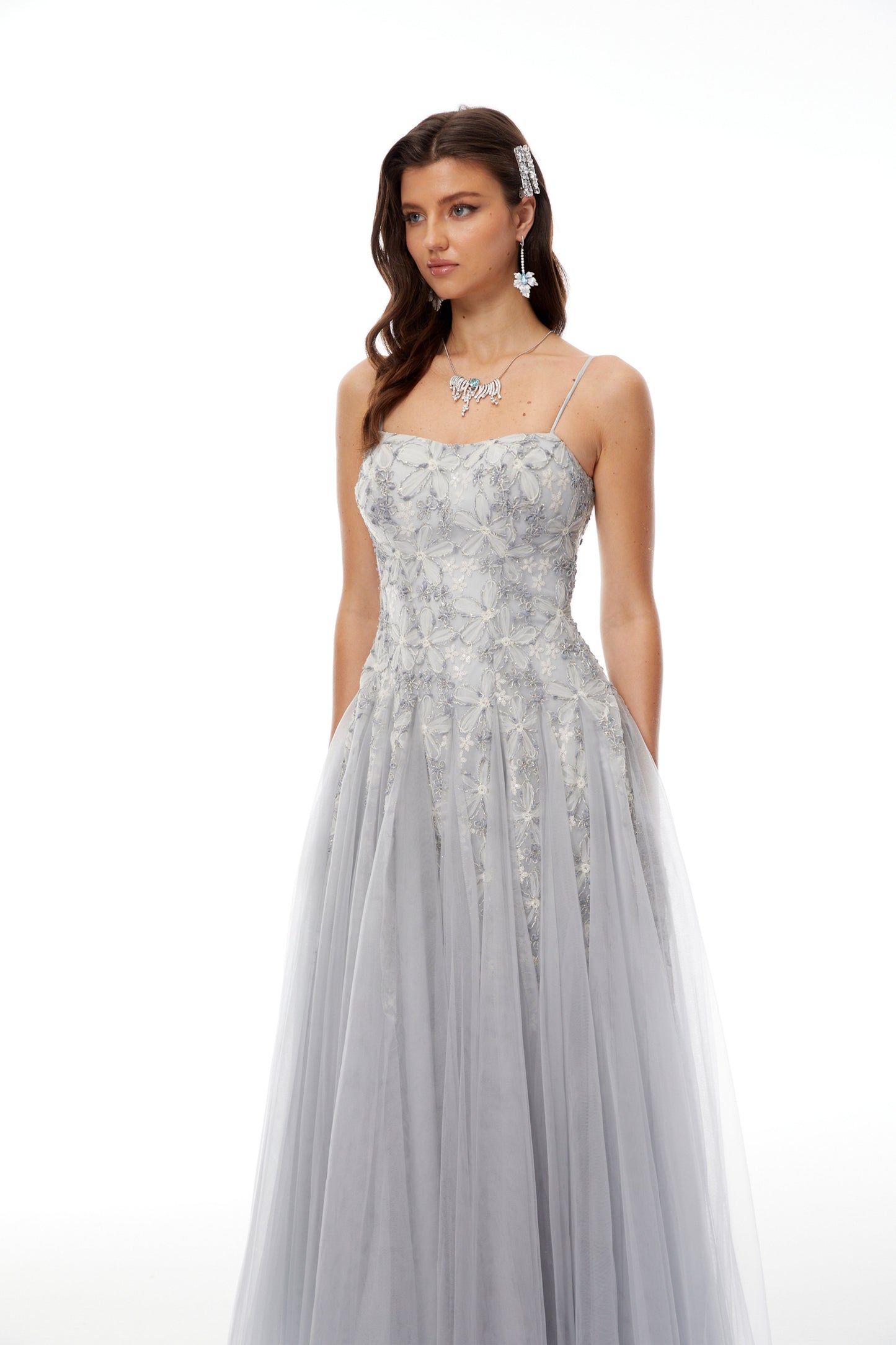 Adalynn Grey Floral Embroidered Tulle Maxi Dress