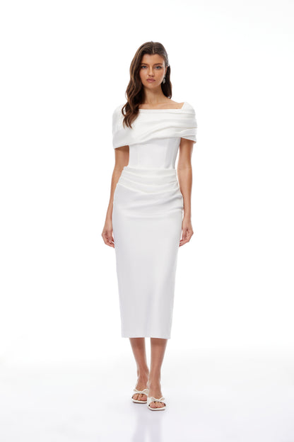 Solara White Draped Midi Dress