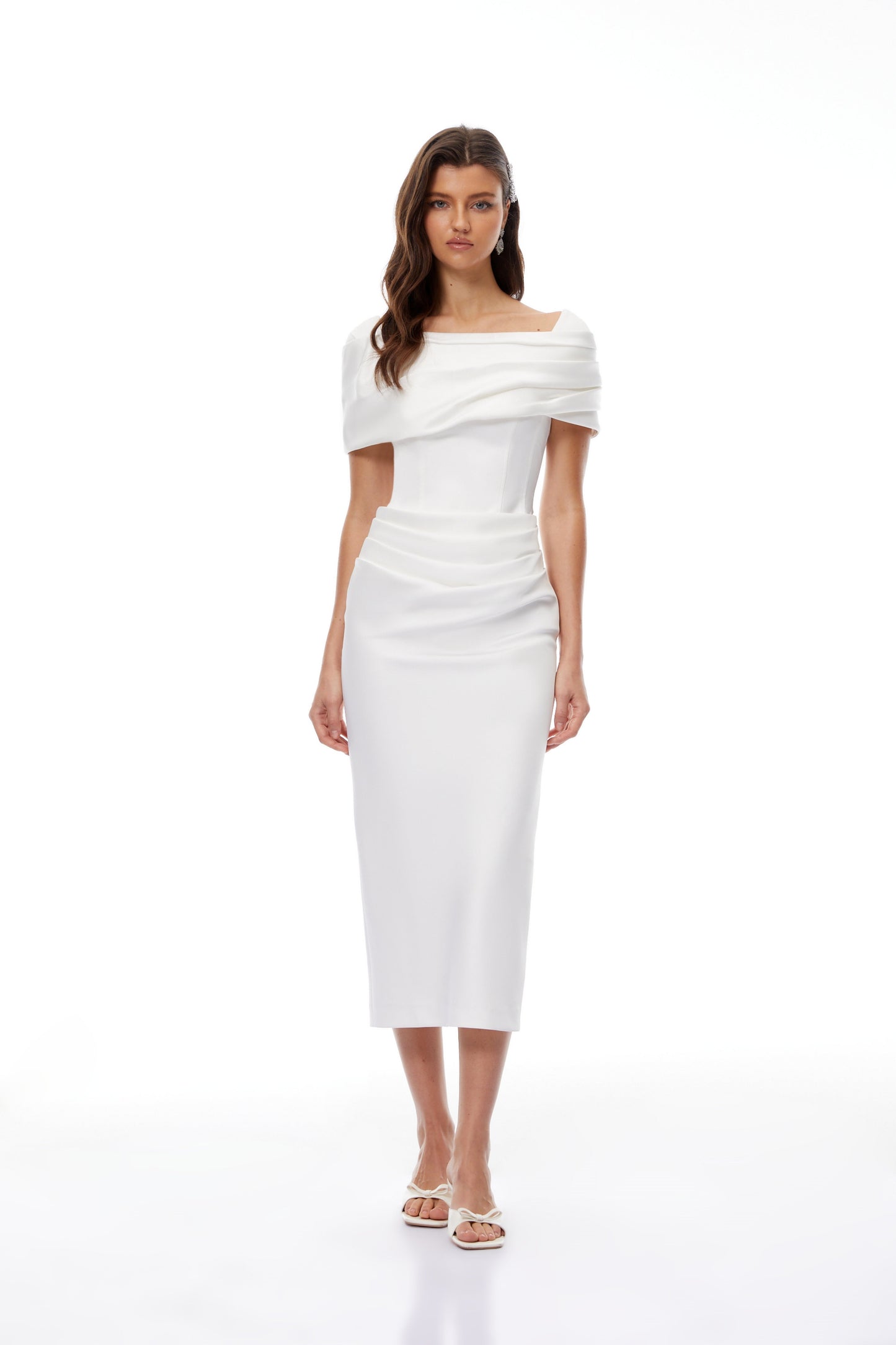 Solara White Draped Midi Dress