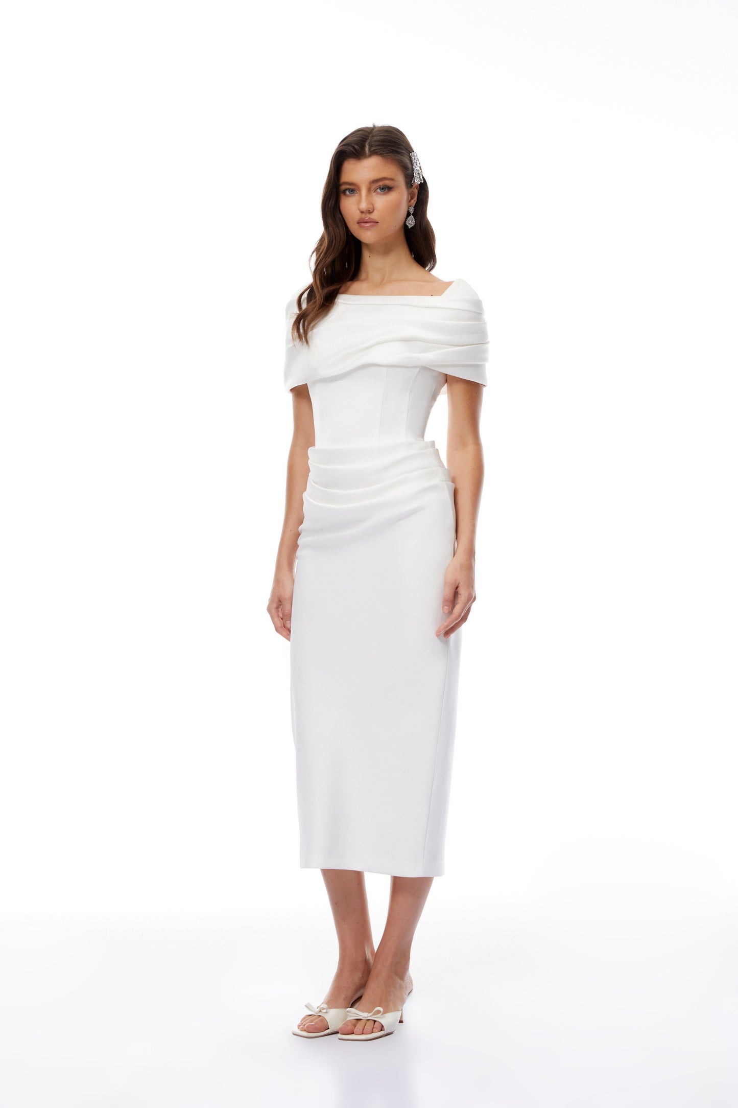 Solara White Draped Midi Dress