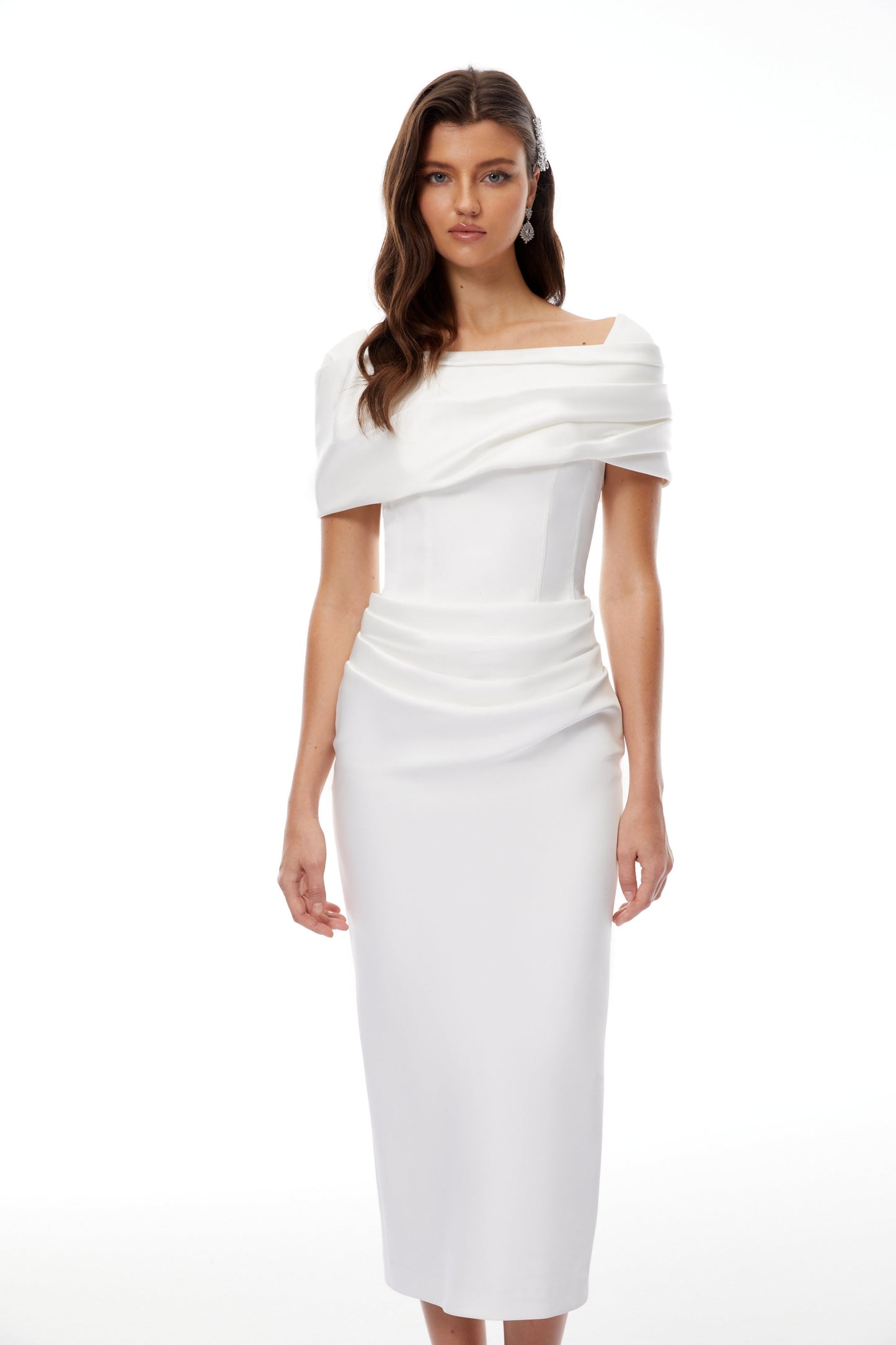 Solara White Draped Midi Dress