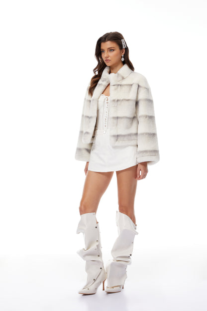 Alina White Gradient Faux Fur Short Coat
