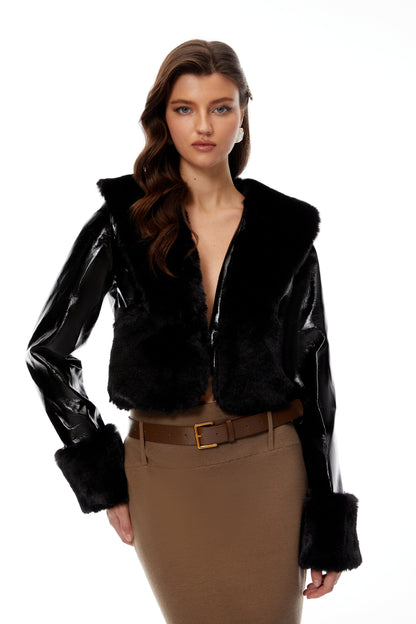 Catherine Black Fur Panel Patent Leather Jacket