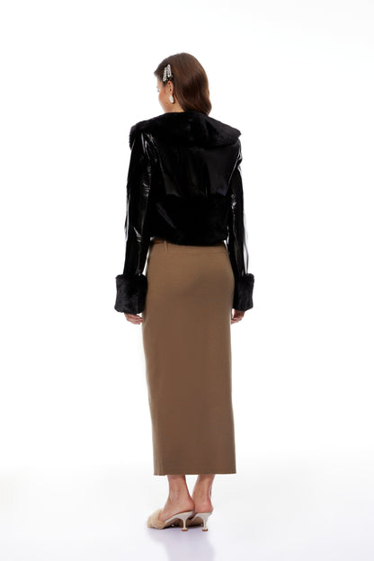 Catherine Black Fur Panel Patent Leather Jacket