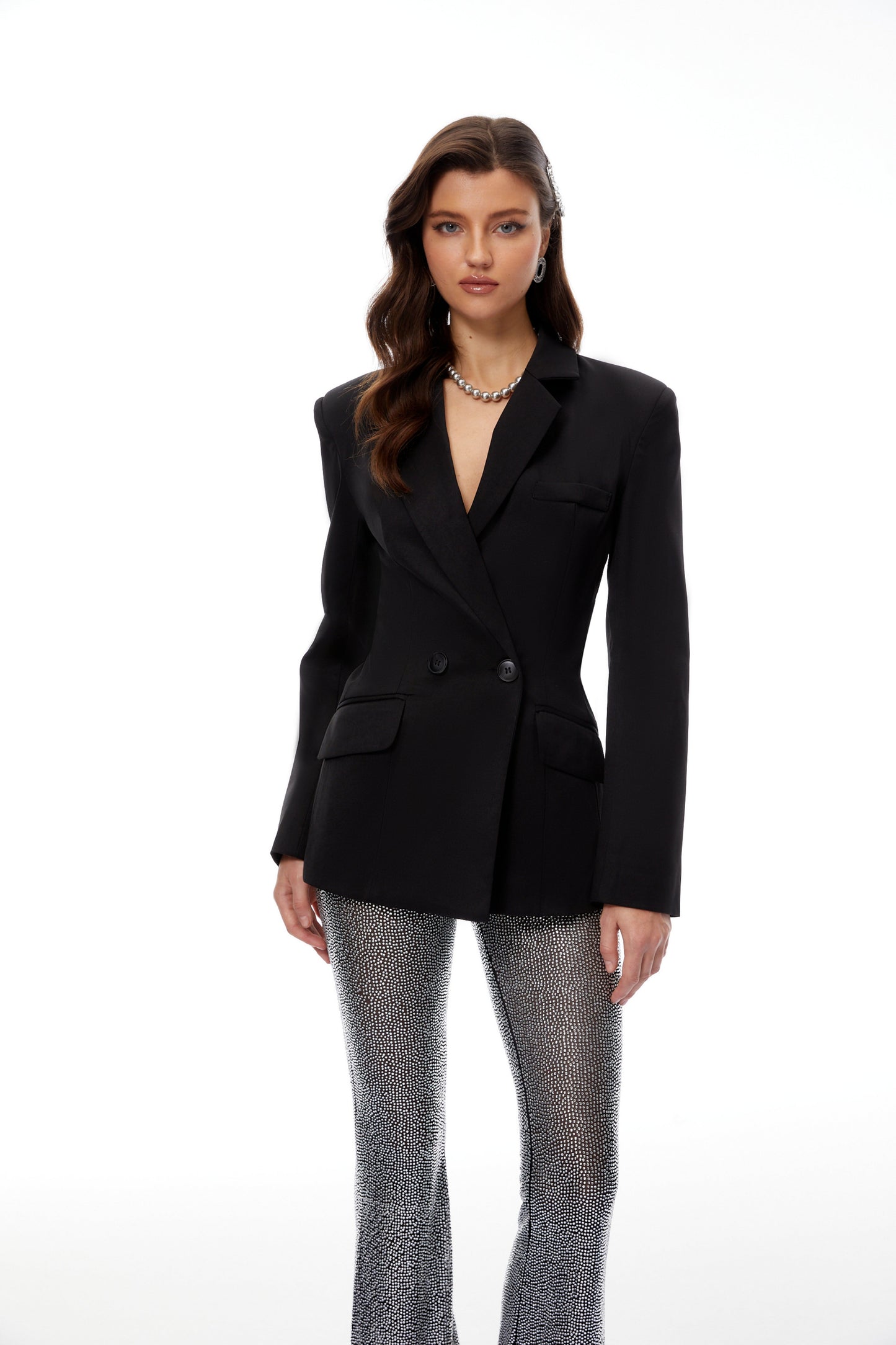 Edda Siyah Kruvaze Blazer & Taşlı Pantolon Takım