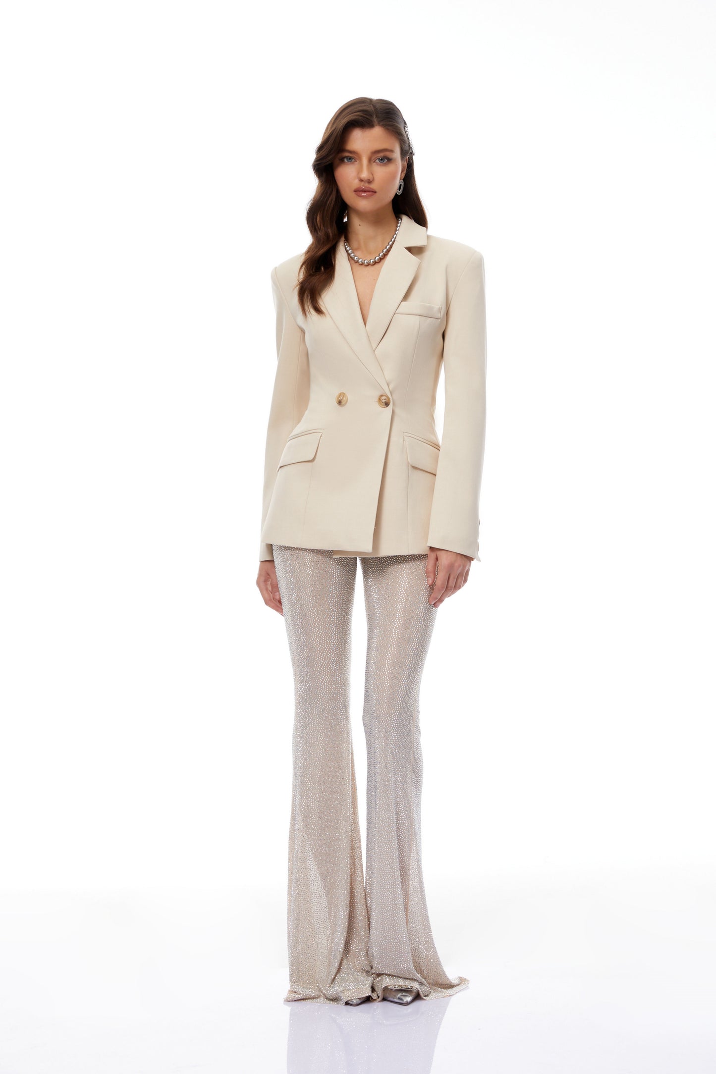 Edda Krem Kruvaze Blazer & Taşlı Pantolon Takım