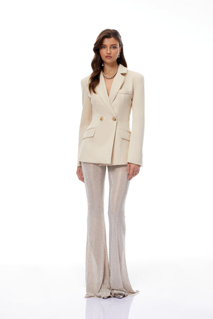 Edda Krem Kruvaze Blazer & Taşlı Pantolon Takım