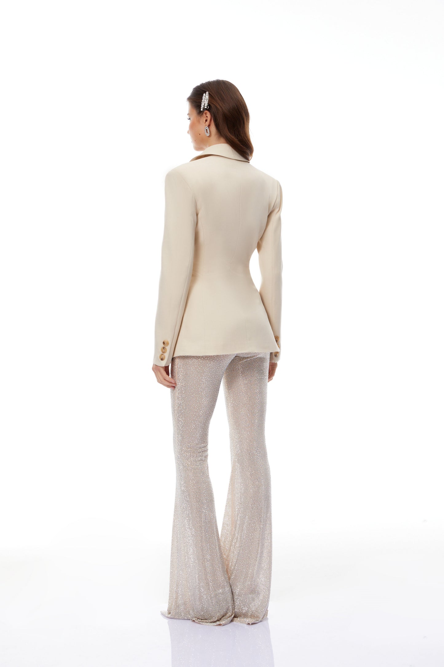Edda Krem Kruvaze Blazer & Taşlı Pantolon Takım