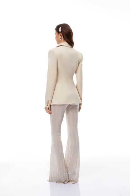 Edda Krem Kruvaze Blazer & Taşlı Pantolon Takım