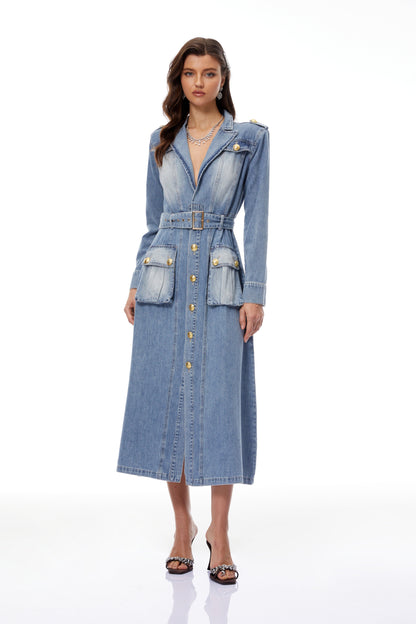 Tyra Mavi Soluk Denim Maxi Elbise