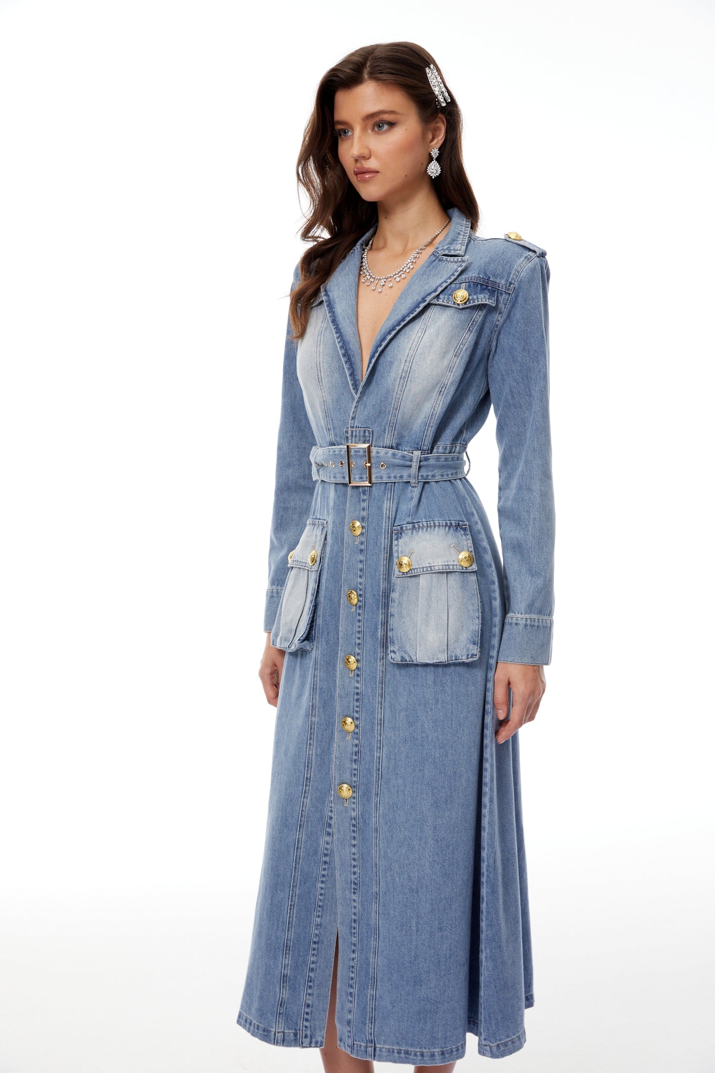 Tyra Mavi Soluk Denim Maxi Elbise