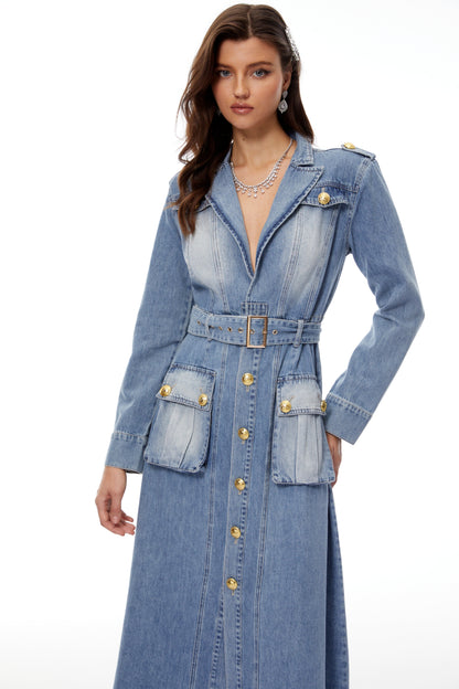 Tyra Mavi Soluk Denim Maxi Elbise