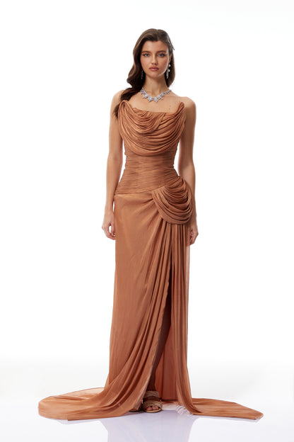 Gelsomina Gold Asymmetrical Glossy Gathered Maxi Dress