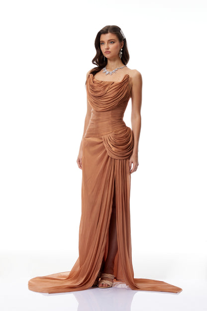 Gelsomina Gold Asymmetrical Glossy Gathered Maxi Dress