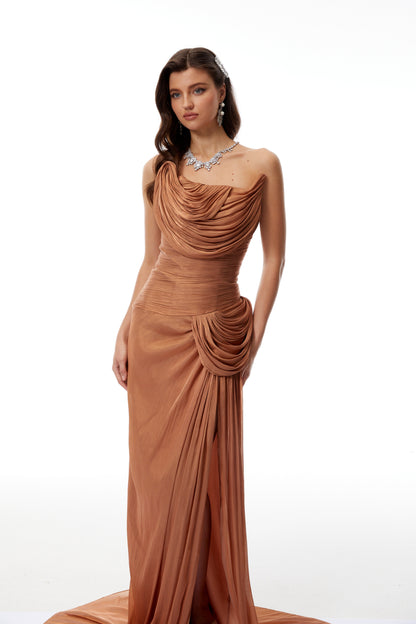 Gelsomina Gold Asymmetrical Glossy Gathered Maxi Dress