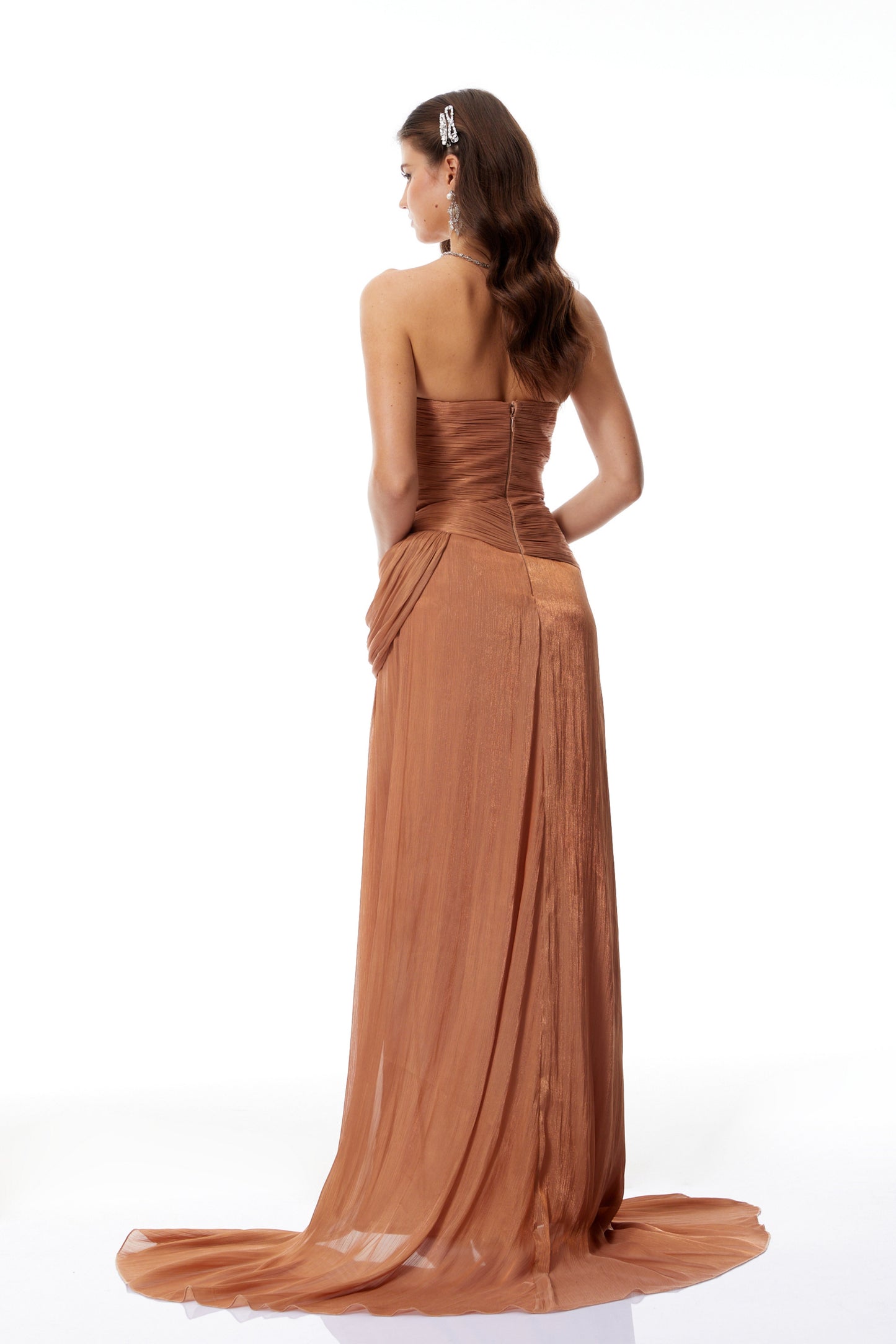 Gelsomina Gold Asymmetrical Glossy Gathered Maxi Dress