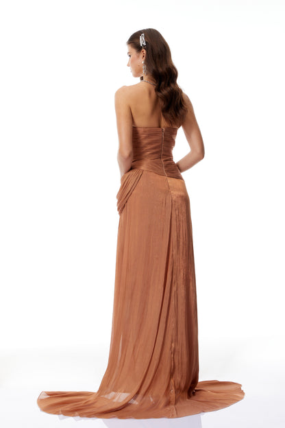 Gelsomina Gold Asymmetrical Glossy Gathered Maxi Dress