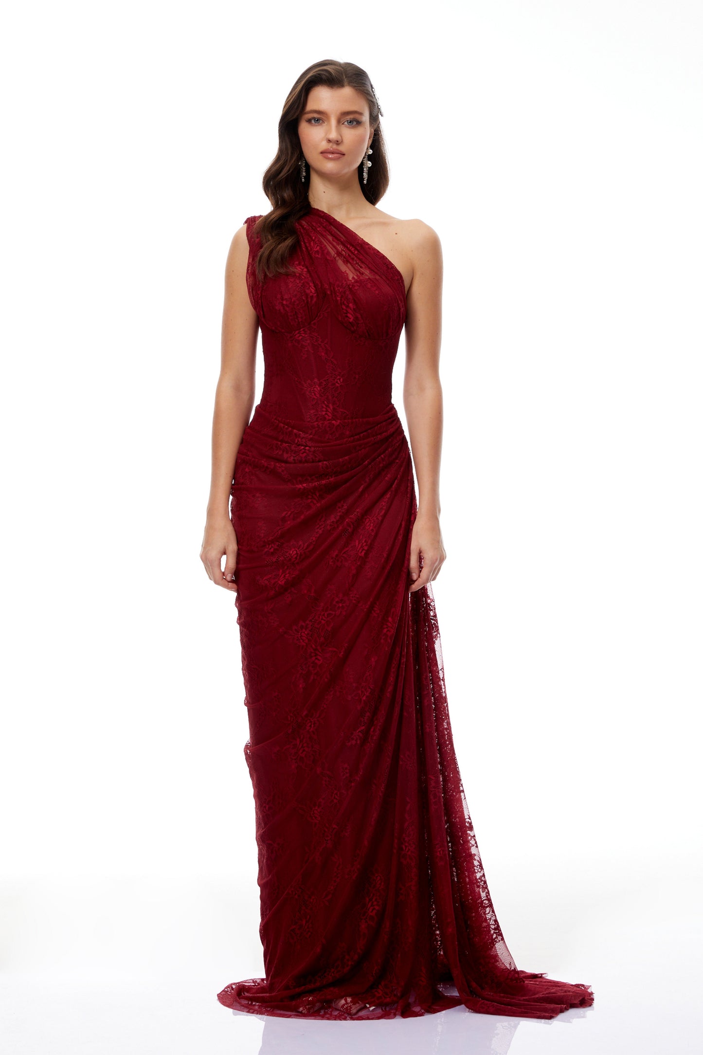 Stefania Ruby Red Floral Lace Maxi Gown