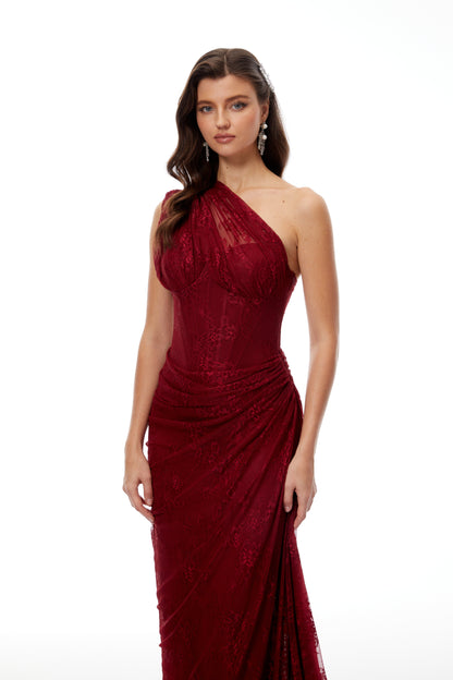 Stefania Ruby Red Floral Lace Maxi Gown