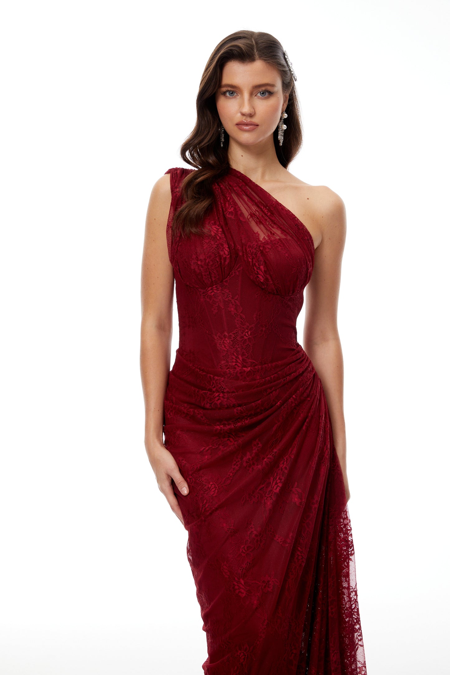 Stefania Ruby Red Floral Lace Maxi Gown