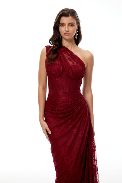 Stefania Ruby Red Floral Lace Maxi Gown