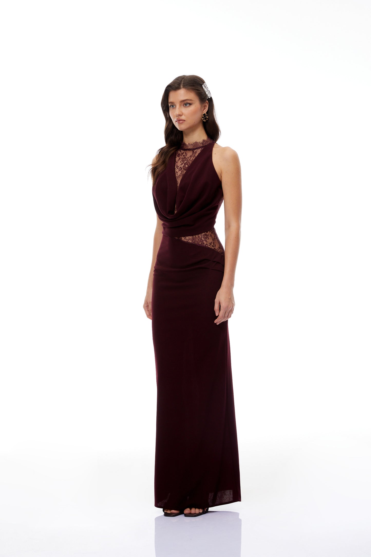 Gioconda Burgundy Halterneck Lace Panel Maxi Dress