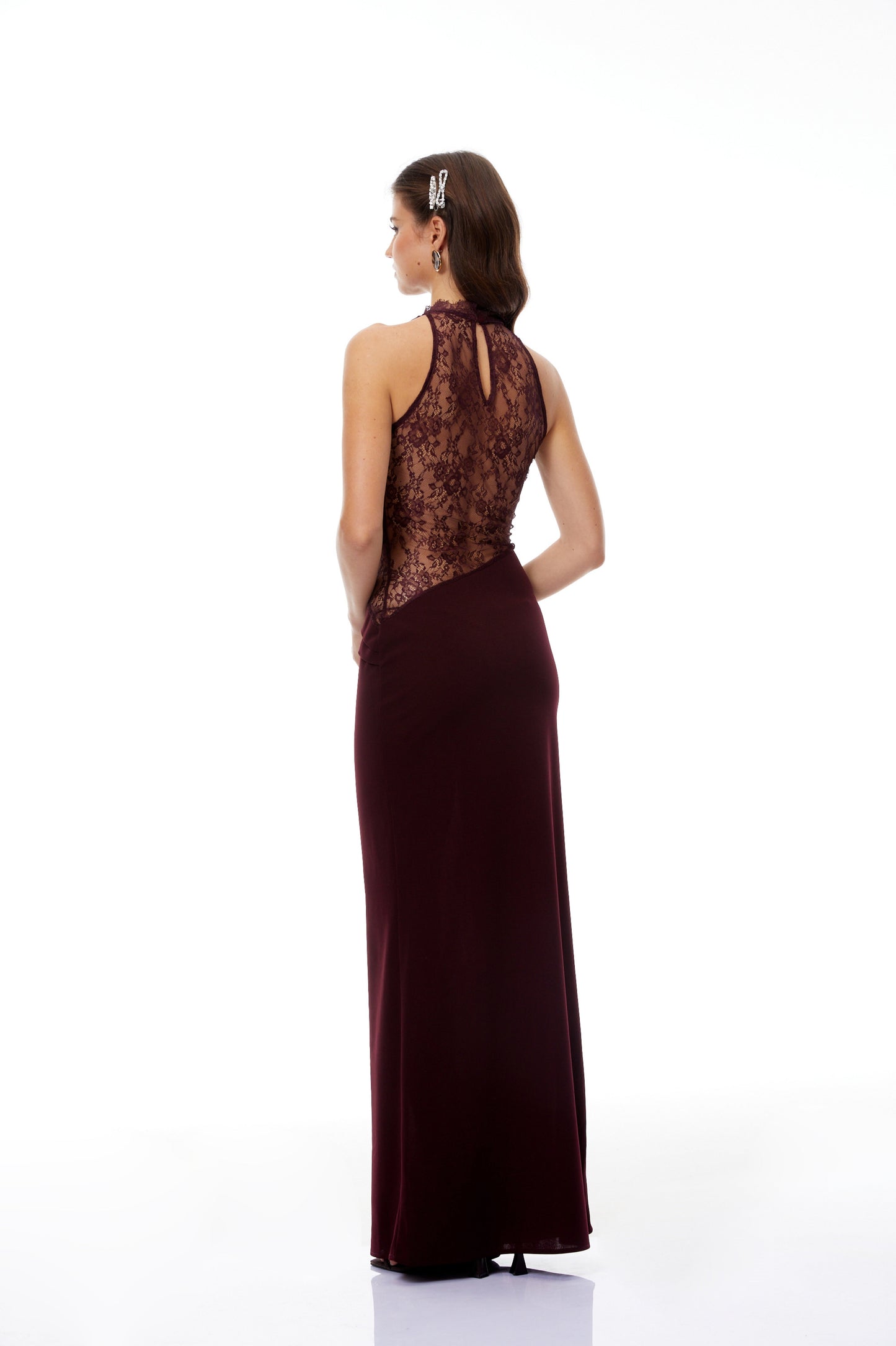 Gioconda Burgundy Halterneck Lace Panel Maxi Dress
